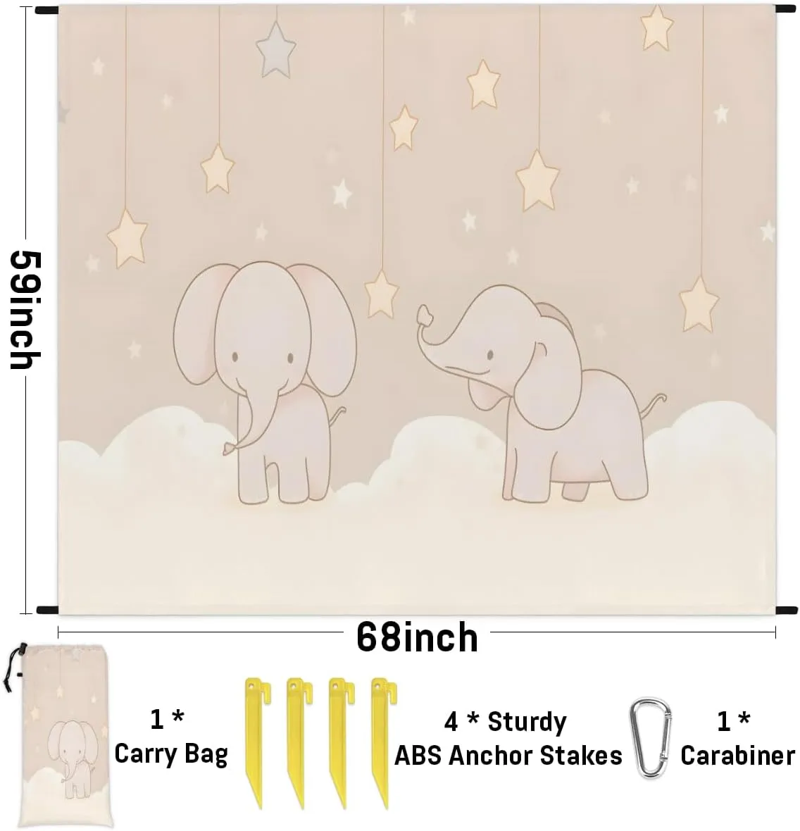 Beach Blanket, Cartoon Elephant Sandproof Beach Mat, Waterproof Quick Drying Sand Free Mat with 4 x Ground Spikes for Outdoor Travel Camping Hiking, Cute 68 x 59 in