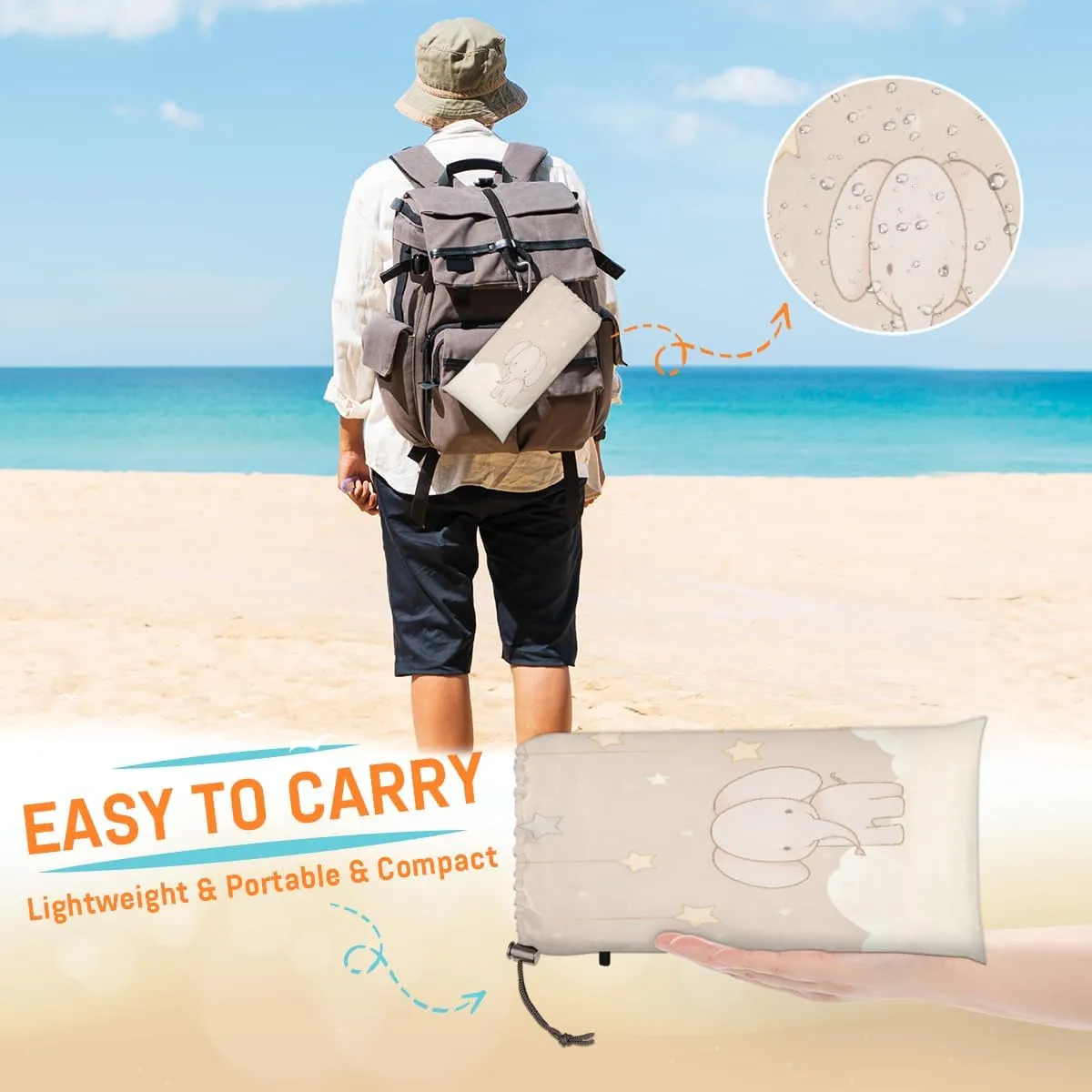 Beach Blanket, Cartoon Elephant Sandproof Beach Mat, Waterproof Quick Drying Sand Free Mat with 4 x Ground Spikes for Outdoor Travel Camping Hiking, Cute 68 x 59 in