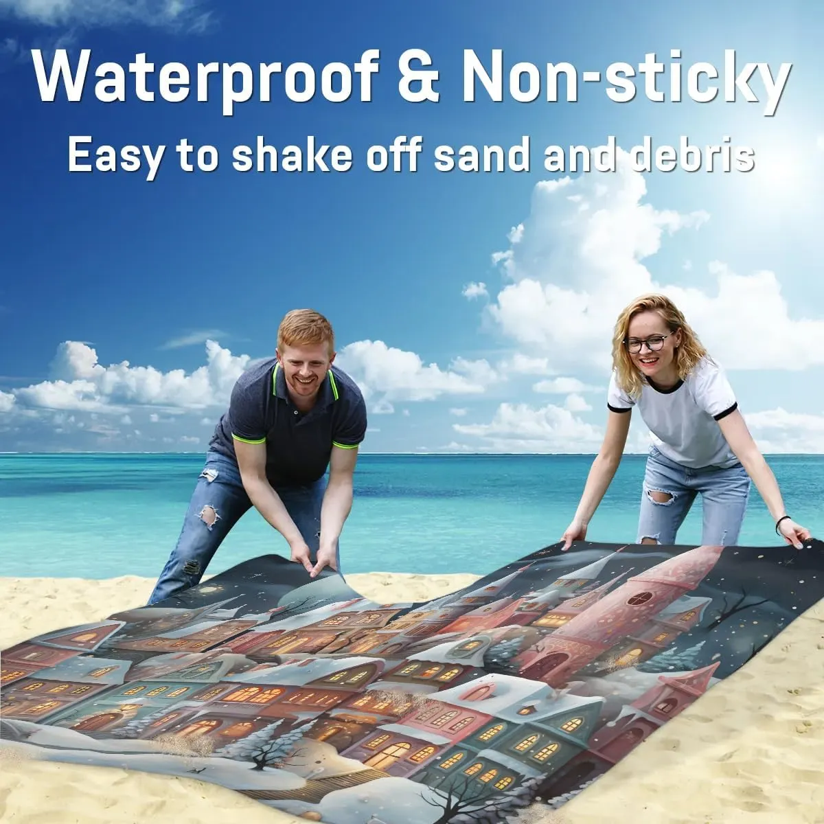 Beach Blanket, Cartoon Sandproof Beach Mat, Waterproof Quick Drying Sand Free Mat with 4 x Ground Spikes for Outdoor Travel Camping Hiking, Dreamlike Candy Land Castle House 68 x 59 in