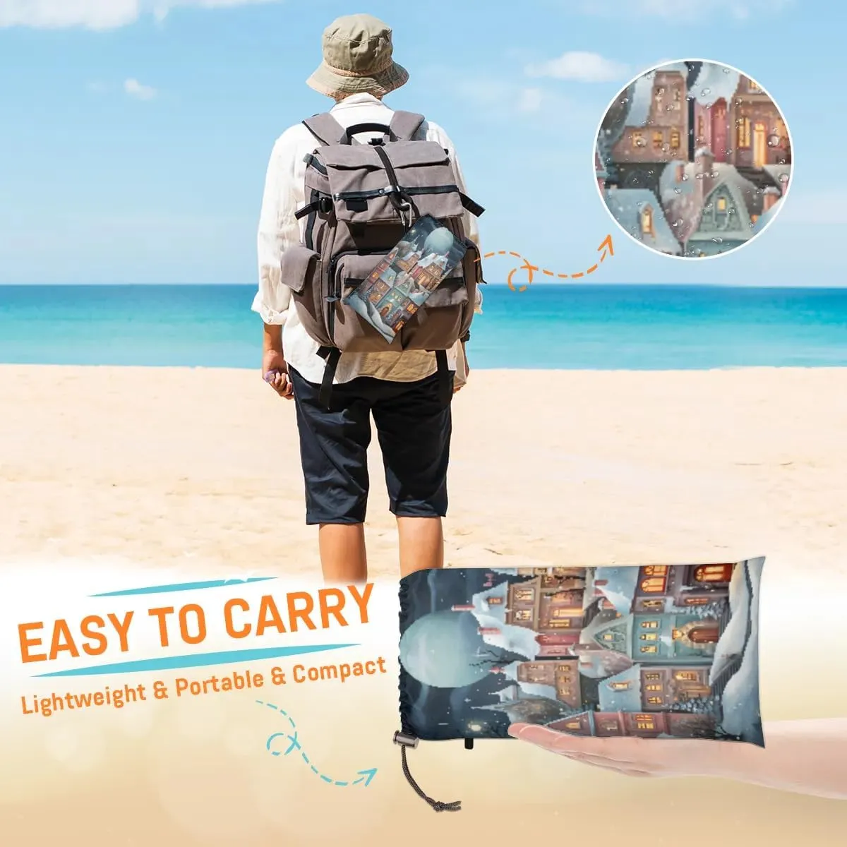 Beach Blanket, Cartoon Sandproof Beach Mat, Waterproof Quick Drying Sand Free Mat with 4 x Ground Spikes for Outdoor Travel Camping Hiking, Dreamlike Candy Land Castle House 68 x 59 in
