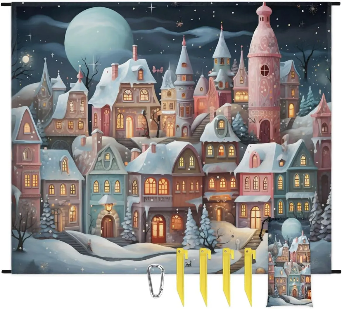 Beach Blanket, Cartoon Sandproof Beach Mat, Waterproof Quick Drying Sand Free Mat with 4 x Ground Spikes for Outdoor Travel Camping Hiking, Dreamlike Candy Land Castle House 68 x 59 in
