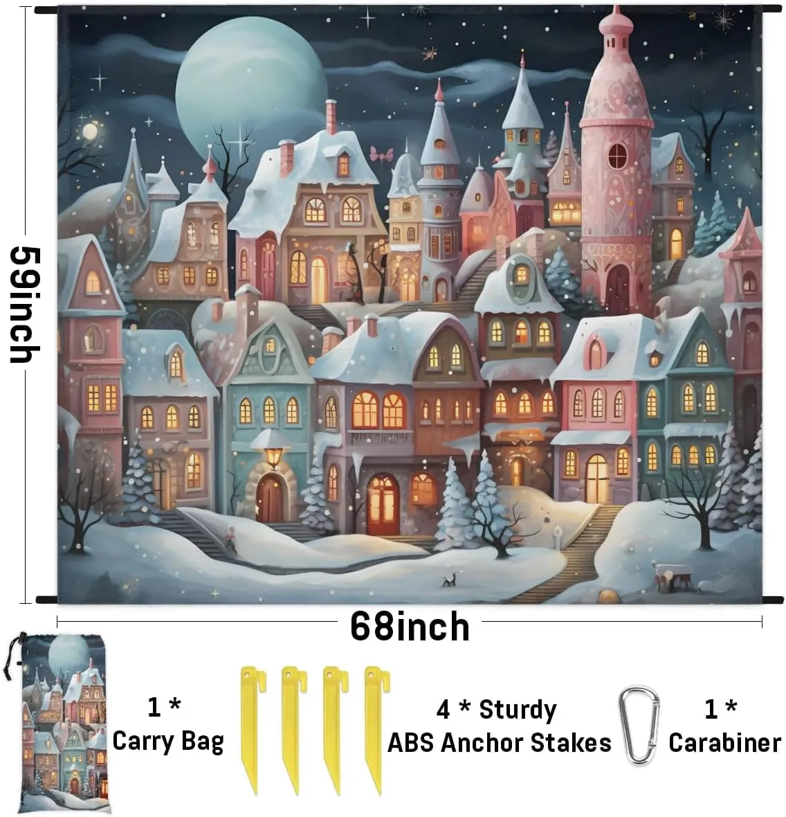 Beach Blanket, Cartoon Sandproof Beach Mat, Waterproof Quick Drying Sand Free Mat with 4 x Ground Spikes for Outdoor Travel Camping Hiking, Dreamlike Candy Land Castle House 68 x 59 in