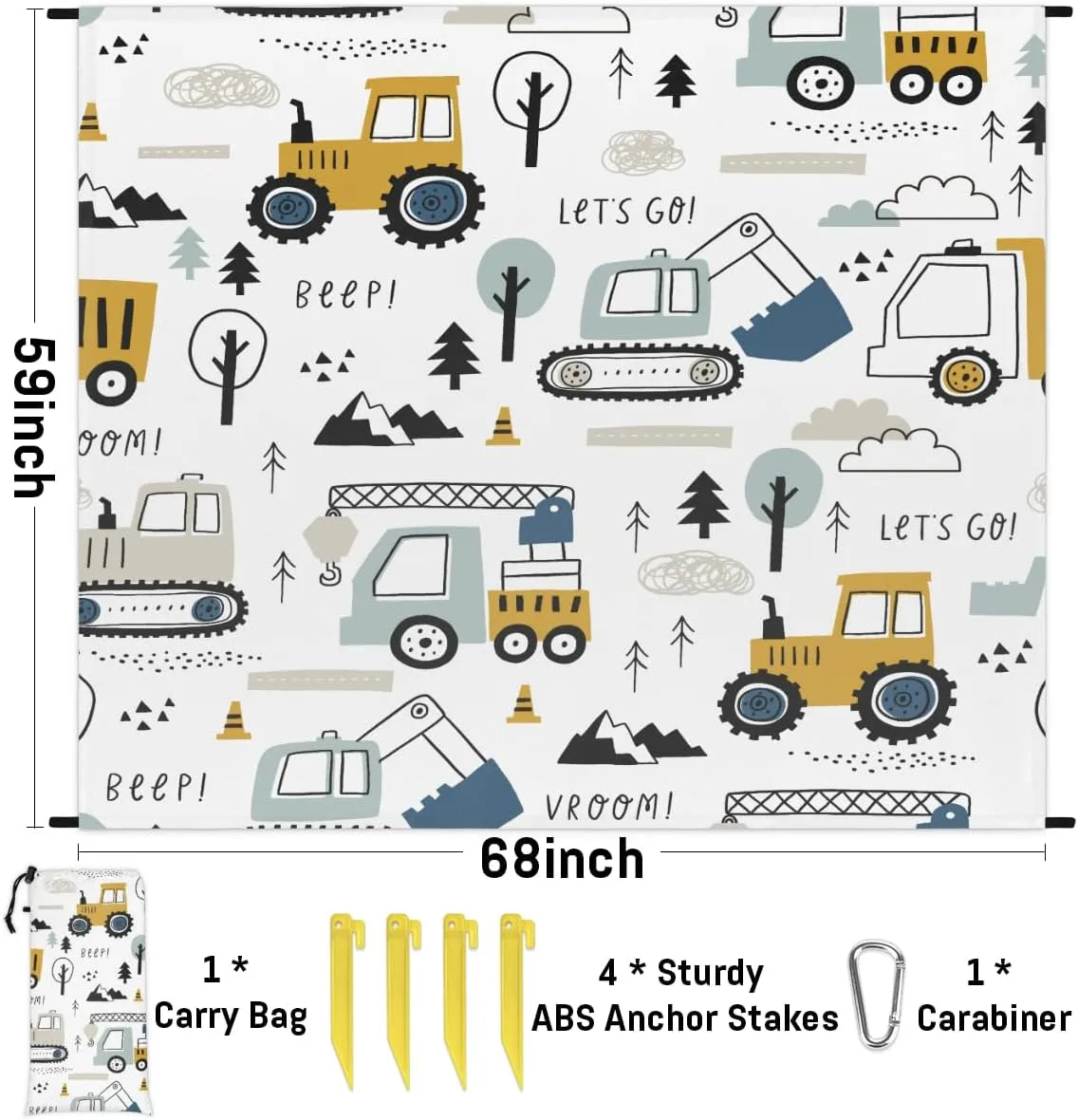 Beach Blanket, Cartoon Truck Sandproof Beach Mat, Waterproof Quick Drying Sand Free Mat with 4 x Ground Spikes for Outdoor Travel Camping Hiking, Construction Cars 68 x 59 in