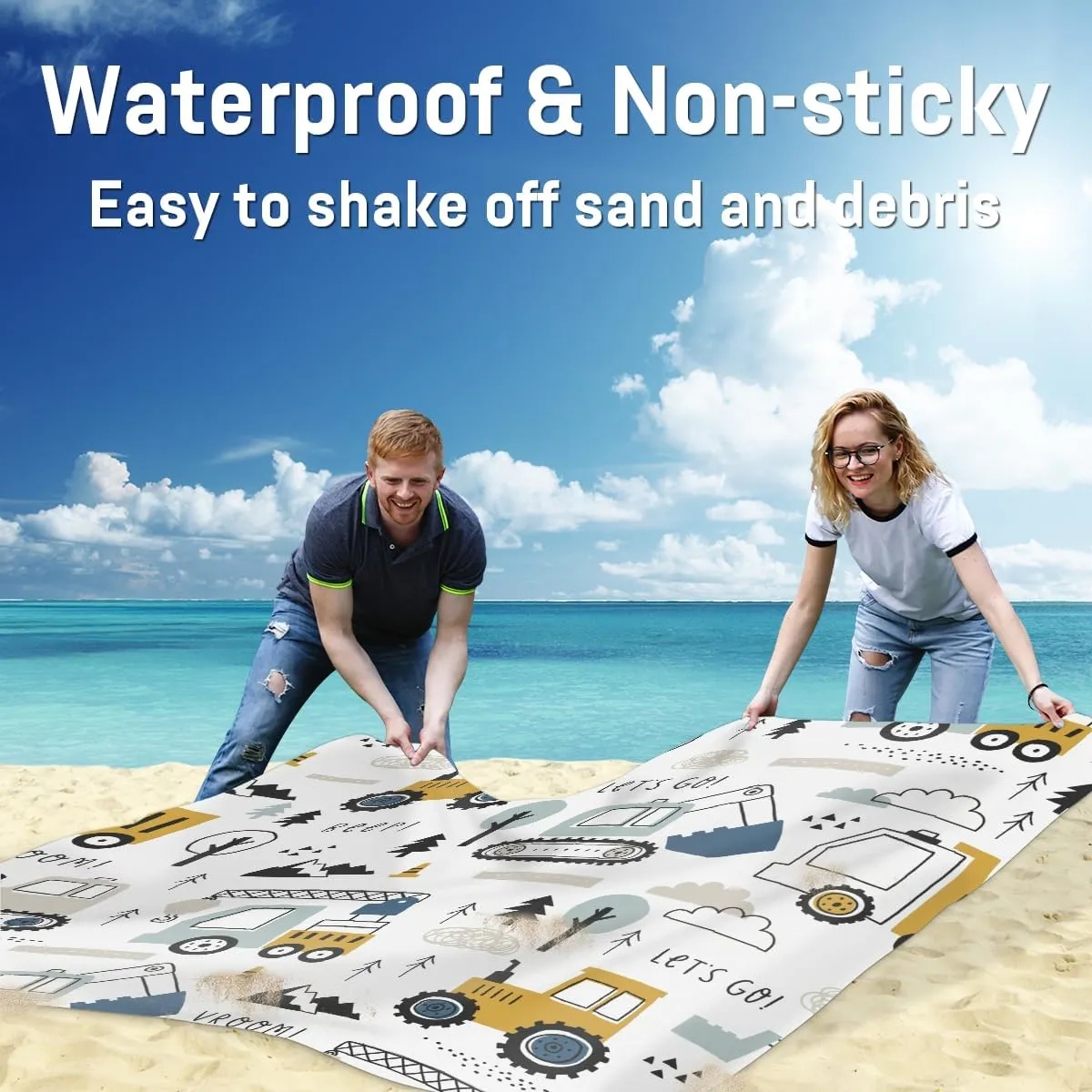 Beach Blanket, Cartoon Truck Sandproof Beach Mat, Waterproof Quick Drying Sand Free Mat with 4 x Ground Spikes for Outdoor Travel Camping Hiking, Construction Cars 68 x 59 in