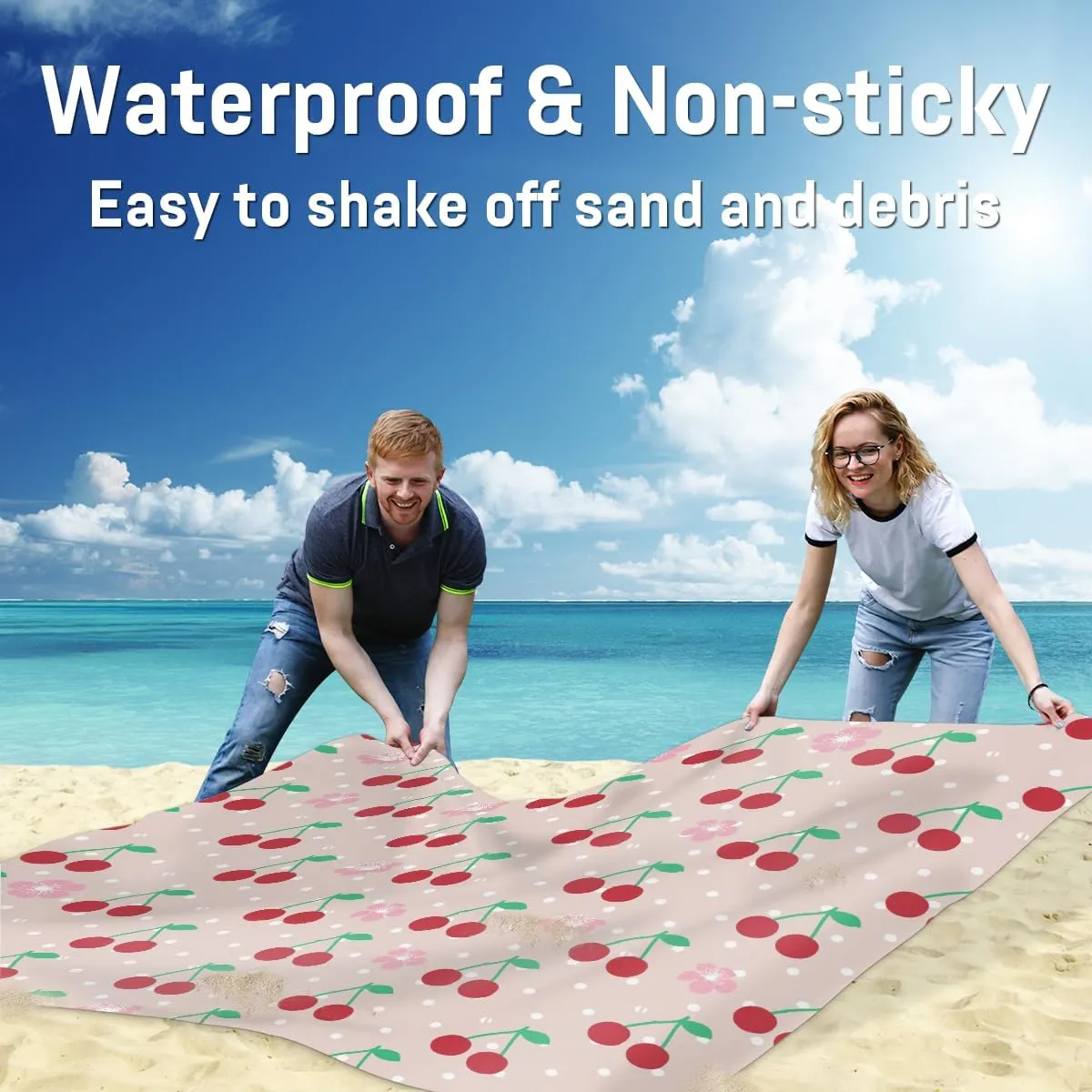 Beach Blanket, Cherries Sandproof Beach Mat, Waterproof Quick Drying Sand Free Mat with 4 x Ground Spikes for Outdoor Travel Camping Hiking, Fruit 68 x 59 in