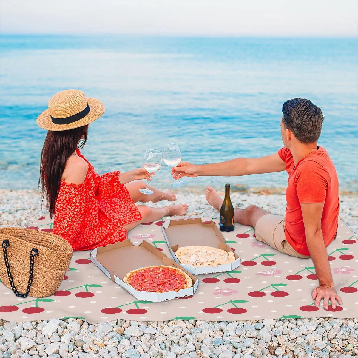 Beach Blanket, Cherries Sandproof Beach Mat, Waterproof Quick Drying Sand Free Mat with 4 x Ground Spikes for Outdoor Travel Camping Hiking, Fruit 68 x 59 in