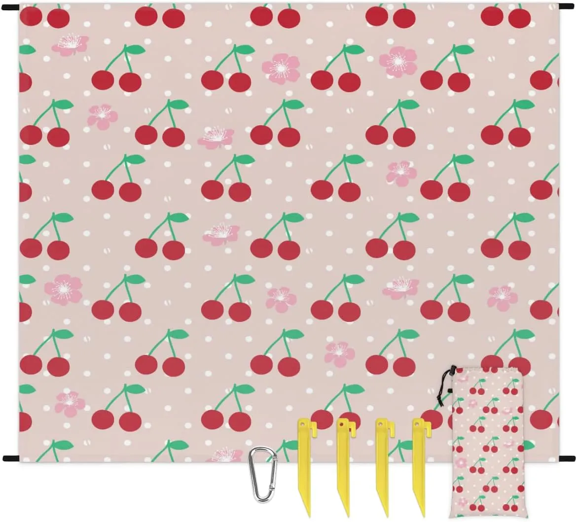 Beach Blanket, Cherries Sandproof Beach Mat, Waterproof Quick Drying Sand Free Mat with 4 x Ground Spikes for Outdoor Travel Camping Hiking, Fruit 68 x 59 in
