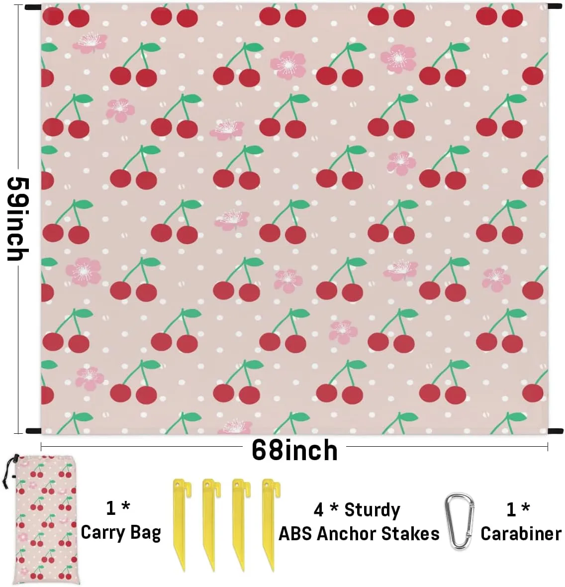 Beach Blanket, Cherries Sandproof Beach Mat, Waterproof Quick Drying Sand Free Mat with 4 x Ground Spikes for Outdoor Travel Camping Hiking, Fruit 68 x 59 in