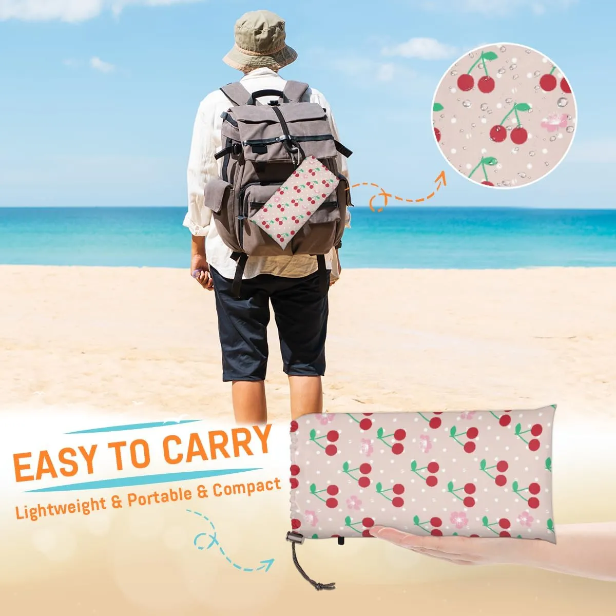 Beach Blanket, Cherries Sandproof Beach Mat, Waterproof Quick Drying Sand Free Mat with 4 x Ground Spikes for Outdoor Travel Camping Hiking, Fruit 68 x 59 in