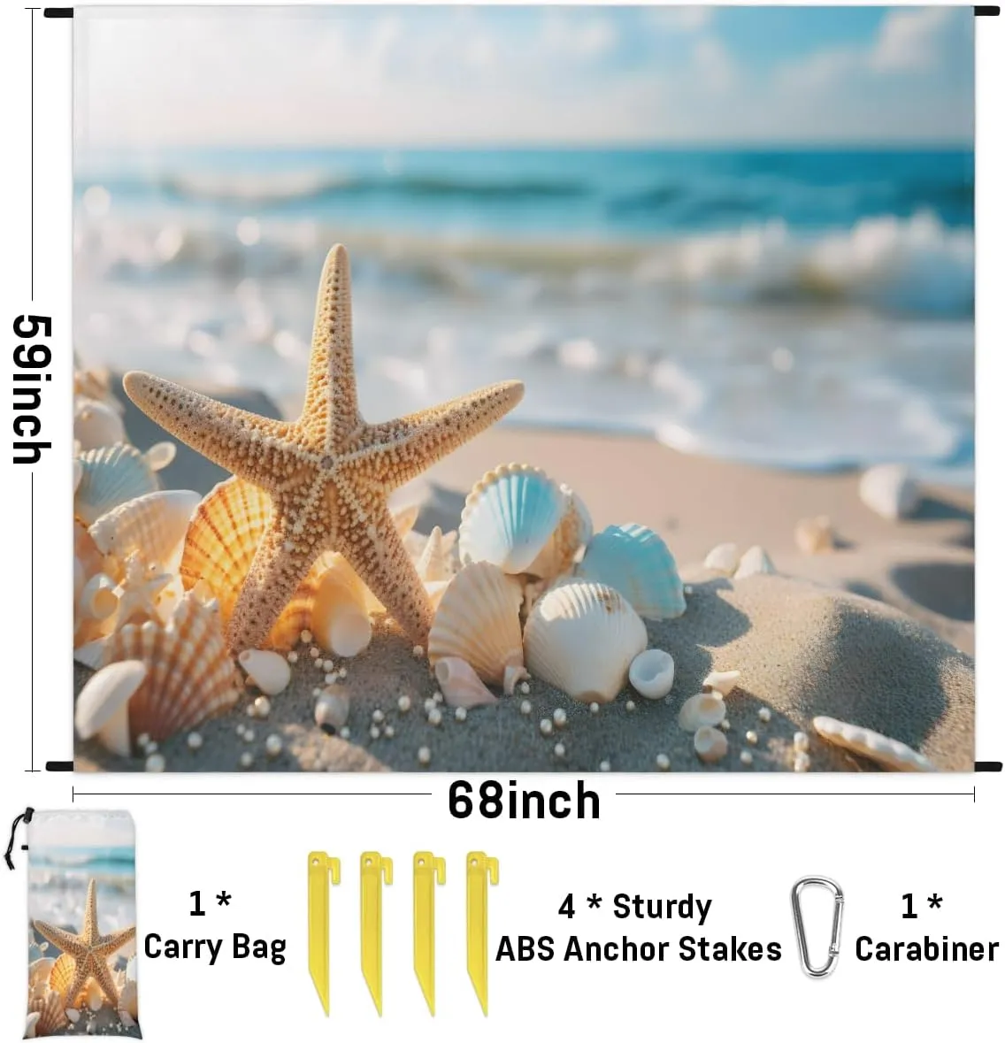 Beach Blanket, Coastal Starfish Pattern Sandproof Beach Mat, Waterproof Quick Drying Sand Free Mat with 4 x Ground Spikes for Outdoor Travel Camping Hiking, Nautical 68 x 59 in