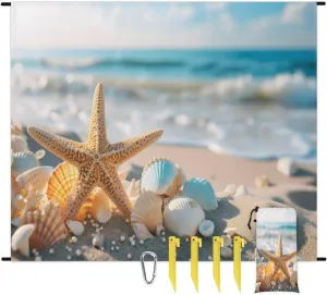 Beach Blanket, Coastal Starfish Pattern Sandproof Beach Mat, Waterproof Quick Drying Sand Free Mat with 4 x Ground Spikes for Outdoor Travel Camping Hiking, Nautical 68 x 59 in