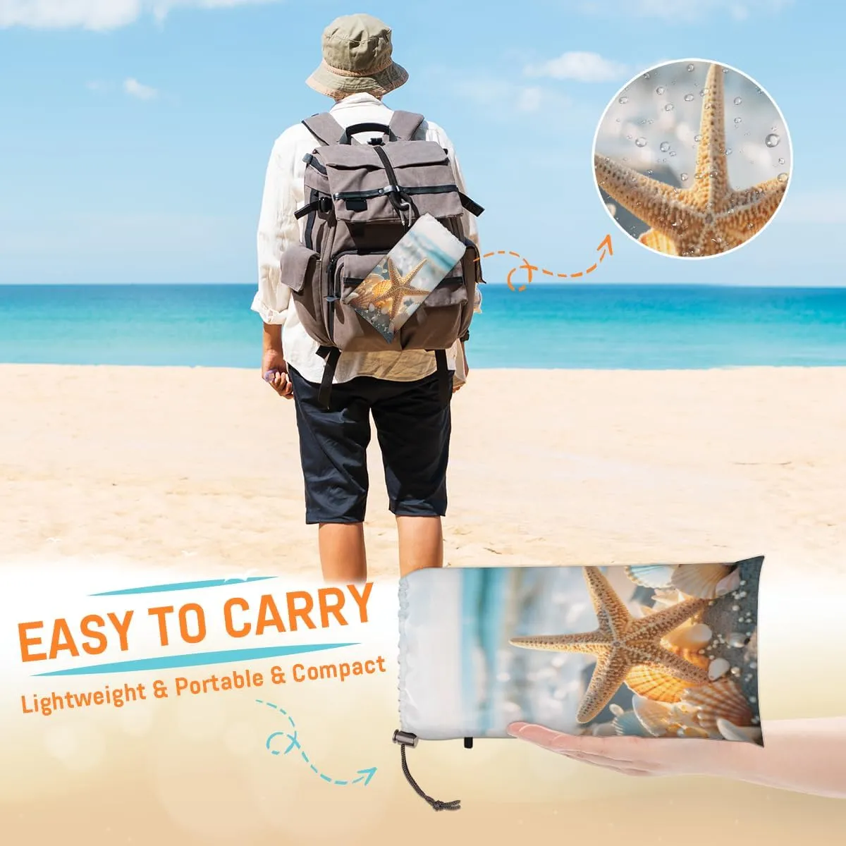 Beach Blanket, Coastal Starfish Pattern Sandproof Beach Mat, Waterproof Quick Drying Sand Free Mat with 4 x Ground Spikes for Outdoor Travel Camping Hiking, Nautical 68 x 59 in