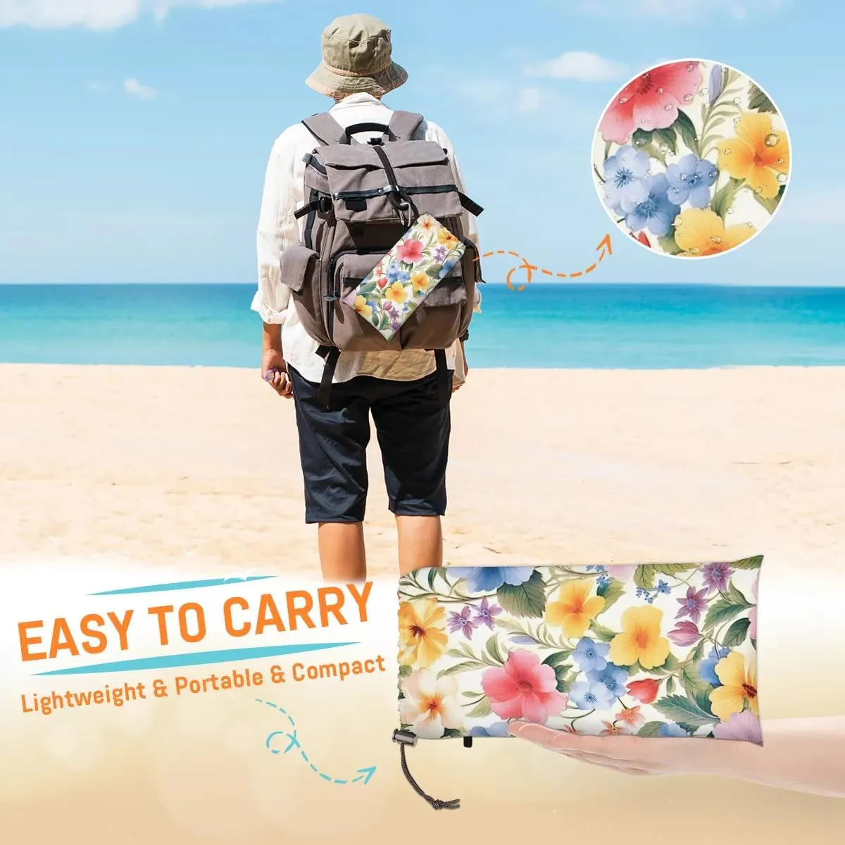 Beach Blanket, Colourful Floral Sandproof Beach Mat, Waterproof Quick Drying Sand Free Mat with 4 x Ground Spikes for Outdoor Travel Camping Hiking, Spring Flower 68 x 59 in