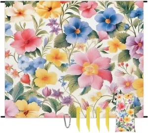 Beach Blanket, Colourful Floral Sandproof Beach Mat, Waterproof Quick Drying Sand Free Mat with 4 x Ground Spikes for Outdoor Travel Camping Hiking, Spring Flower 68 x 59 in