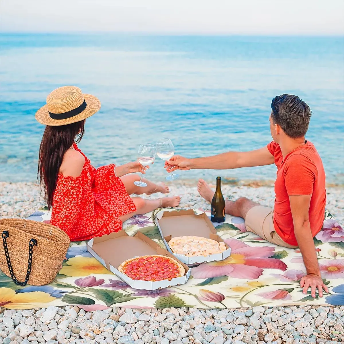 Beach Blanket, Colourful Floral Sandproof Beach Mat, Waterproof Quick Drying Sand Free Mat with 4 x Ground Spikes for Outdoor Travel Camping Hiking, Spring Flower 68 x 59 in