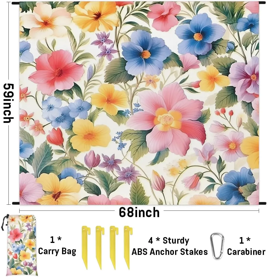 Beach Blanket, Colourful Floral Sandproof Beach Mat, Waterproof Quick Drying Sand Free Mat with 4 x Ground Spikes for Outdoor Travel Camping Hiking, Spring Flower 68 x 59 in