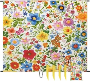 Beach Blanket, Colourful Flowers Sandproof Beach Mat, Waterproof Quick Drying Sand Free Mat with 4 x Ground Spikes for Outdoor Travel Camping Hiking, Spring Wildflowers 68 x 59 in