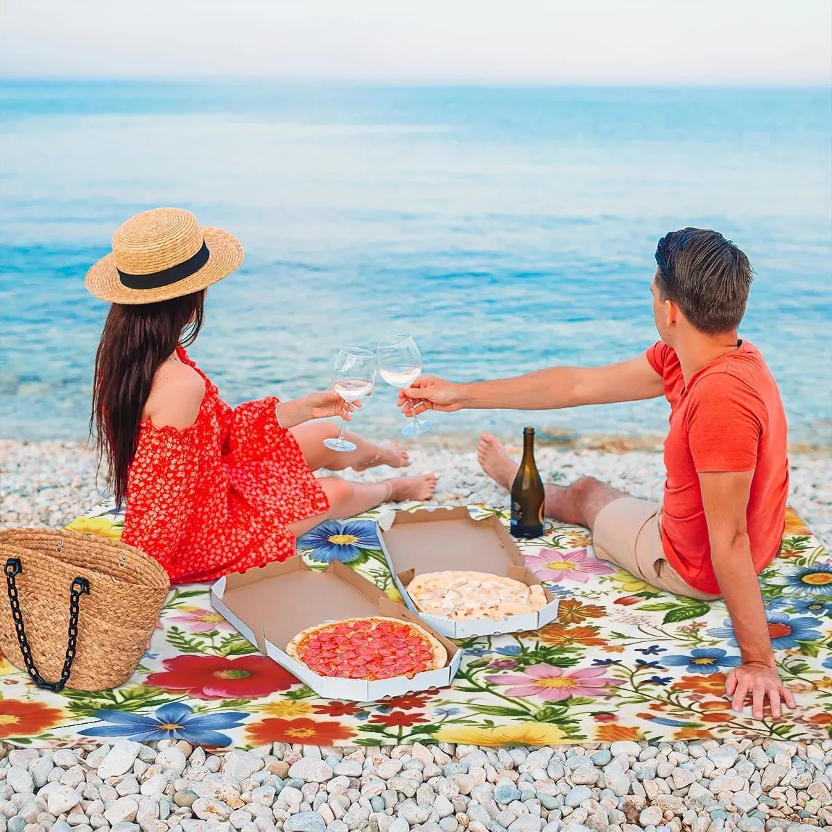 Beach Blanket, Colourful Flowers Sandproof Beach Mat, Waterproof Quick Drying Sand Free Mat with 4 x Ground Spikes for Outdoor Travel Camping Hiking, Spring Wildflowers 68 x 59 in