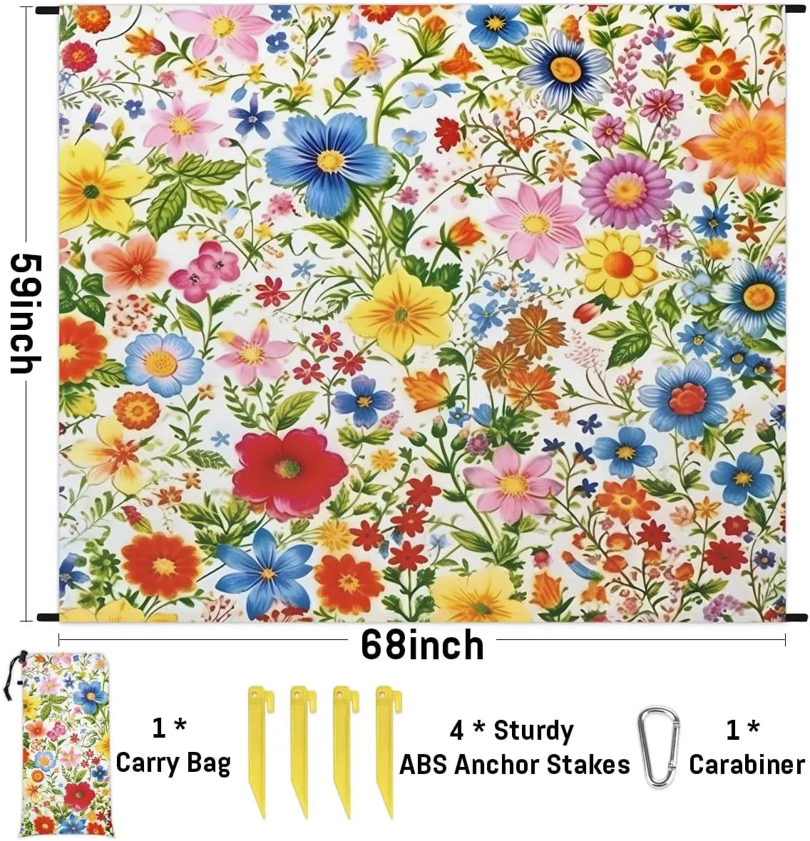 Beach Blanket, Colourful Flowers Sandproof Beach Mat, Waterproof Quick Drying Sand Free Mat with 4 x Ground Spikes for Outdoor Travel Camping Hiking, Spring Wildflowers 68 x 59 in