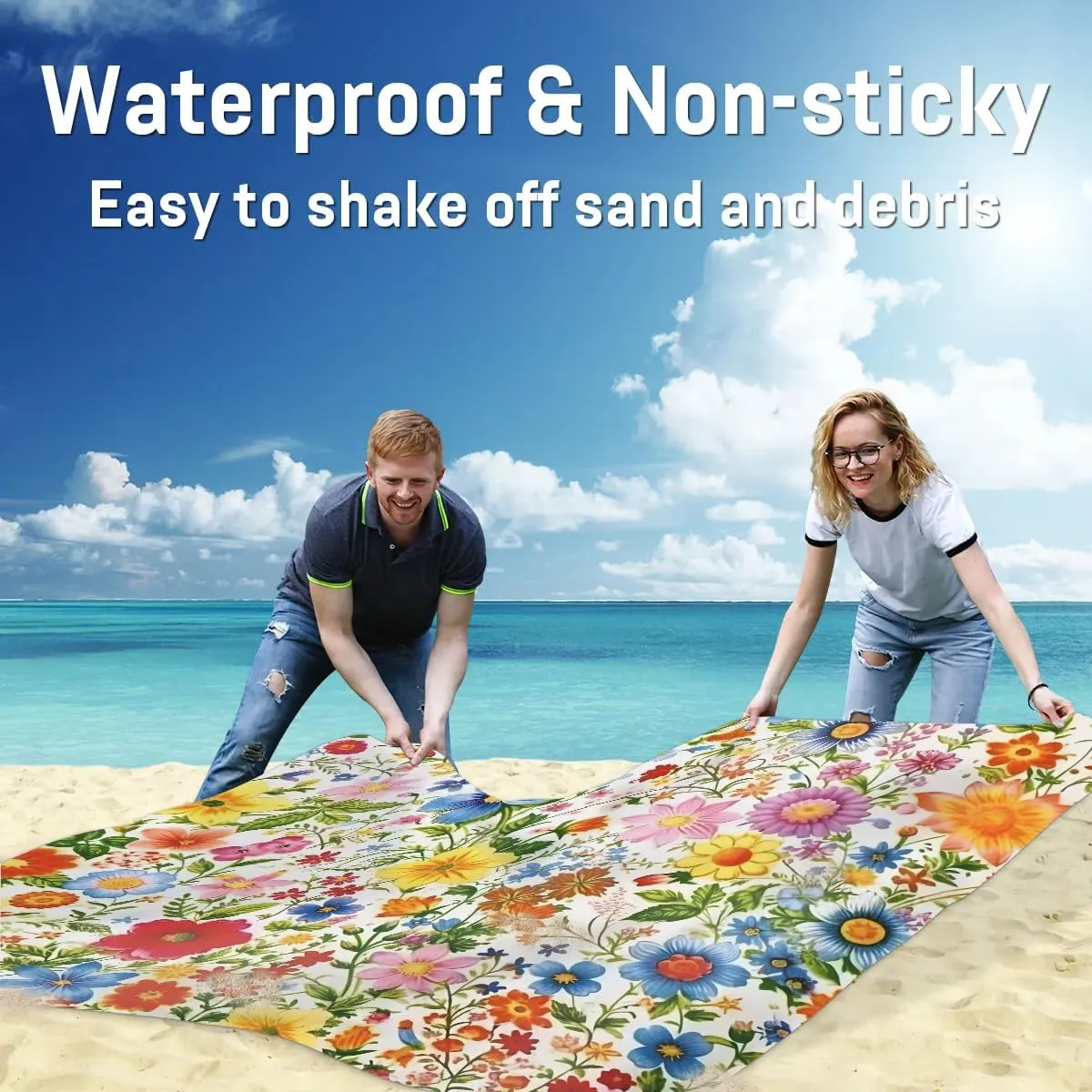 Beach Blanket, Colourful Flowers Sandproof Beach Mat, Waterproof Quick Drying Sand Free Mat with 4 x Ground Spikes for Outdoor Travel Camping Hiking, Spring Wildflowers 68 x 59 in