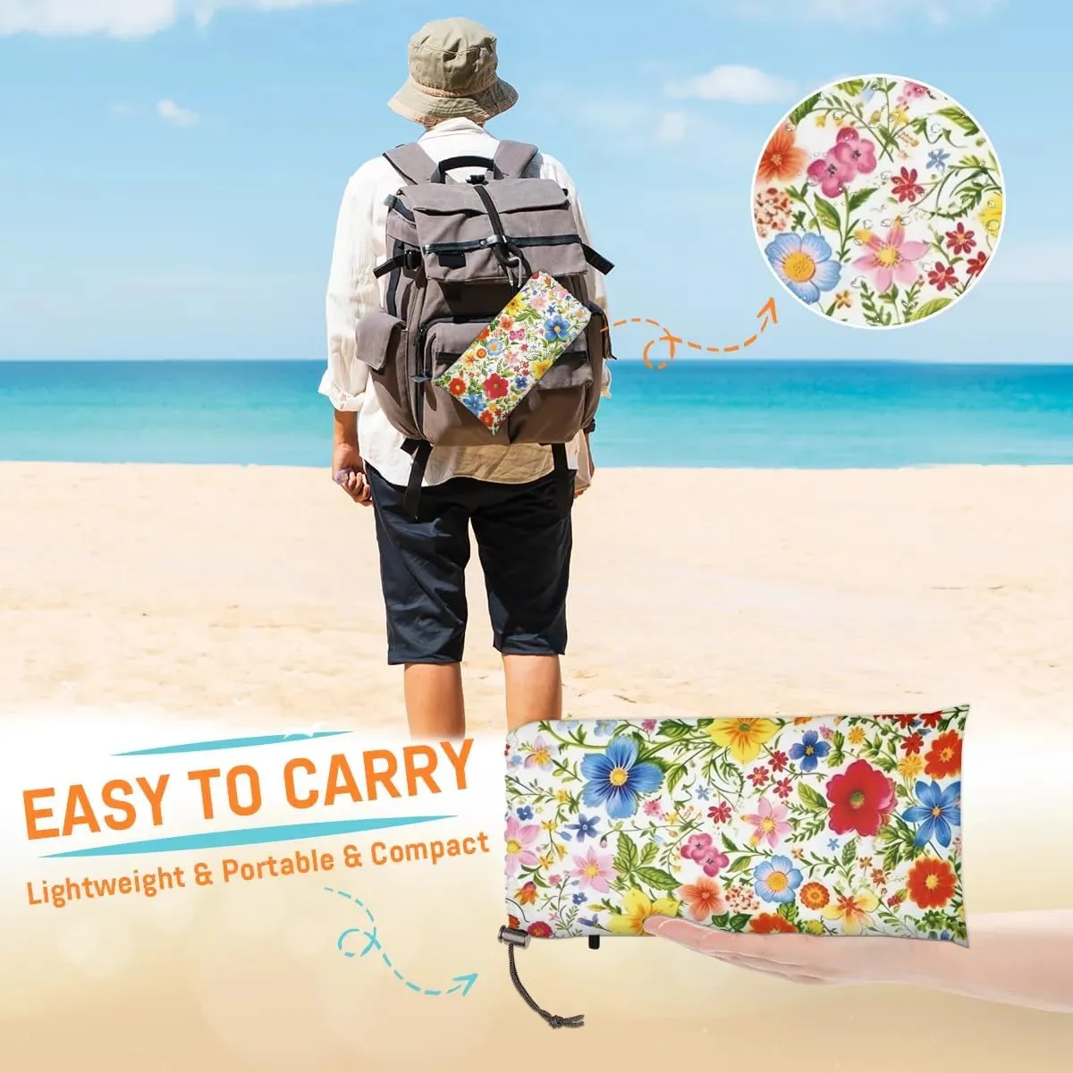 Beach Blanket, Colourful Flowers Sandproof Beach Mat, Waterproof Quick Drying Sand Free Mat with 4 x Ground Spikes for Outdoor Travel Camping Hiking, Spring Wildflowers 68 x 59 in