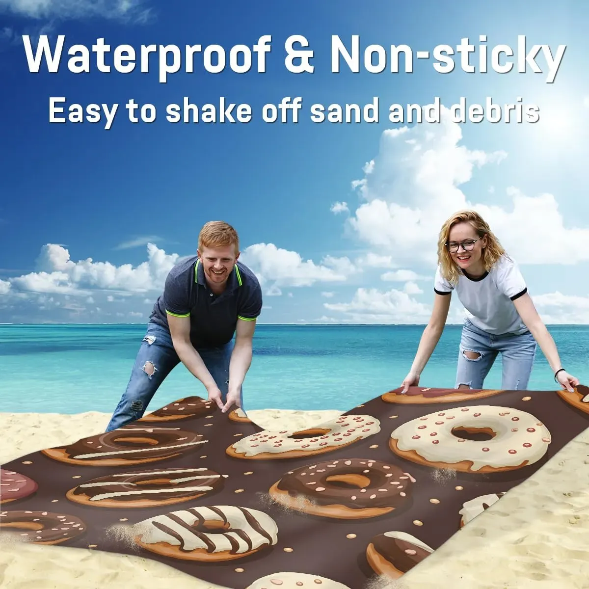 Beach Blanket, Donuts Sandproof Beach Mat, Waterproof Quick Drying Sand Free Mat with 4 x Ground Spikes for Outdoor Travel Camping Hiking, Delicious Donuts 68 x 59 in