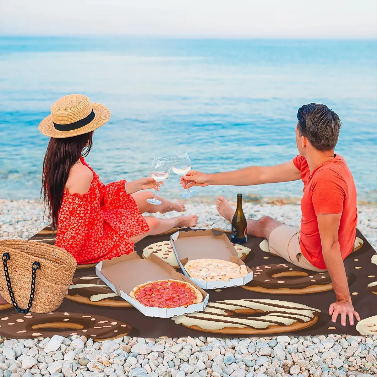 Beach Blanket, Donuts Sandproof Beach Mat, Waterproof Quick Drying Sand Free Mat with 4 x Ground Spikes for Outdoor Travel Camping Hiking, Delicious Donuts 68 x 59 in