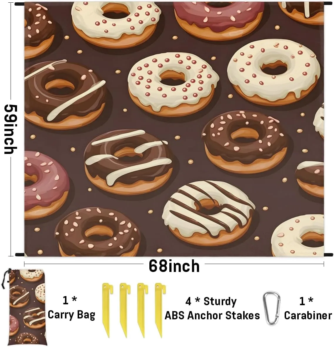Beach Blanket, Donuts Sandproof Beach Mat, Waterproof Quick Drying Sand Free Mat with 4 x Ground Spikes for Outdoor Travel Camping Hiking, Delicious Donuts 68 x 59 in