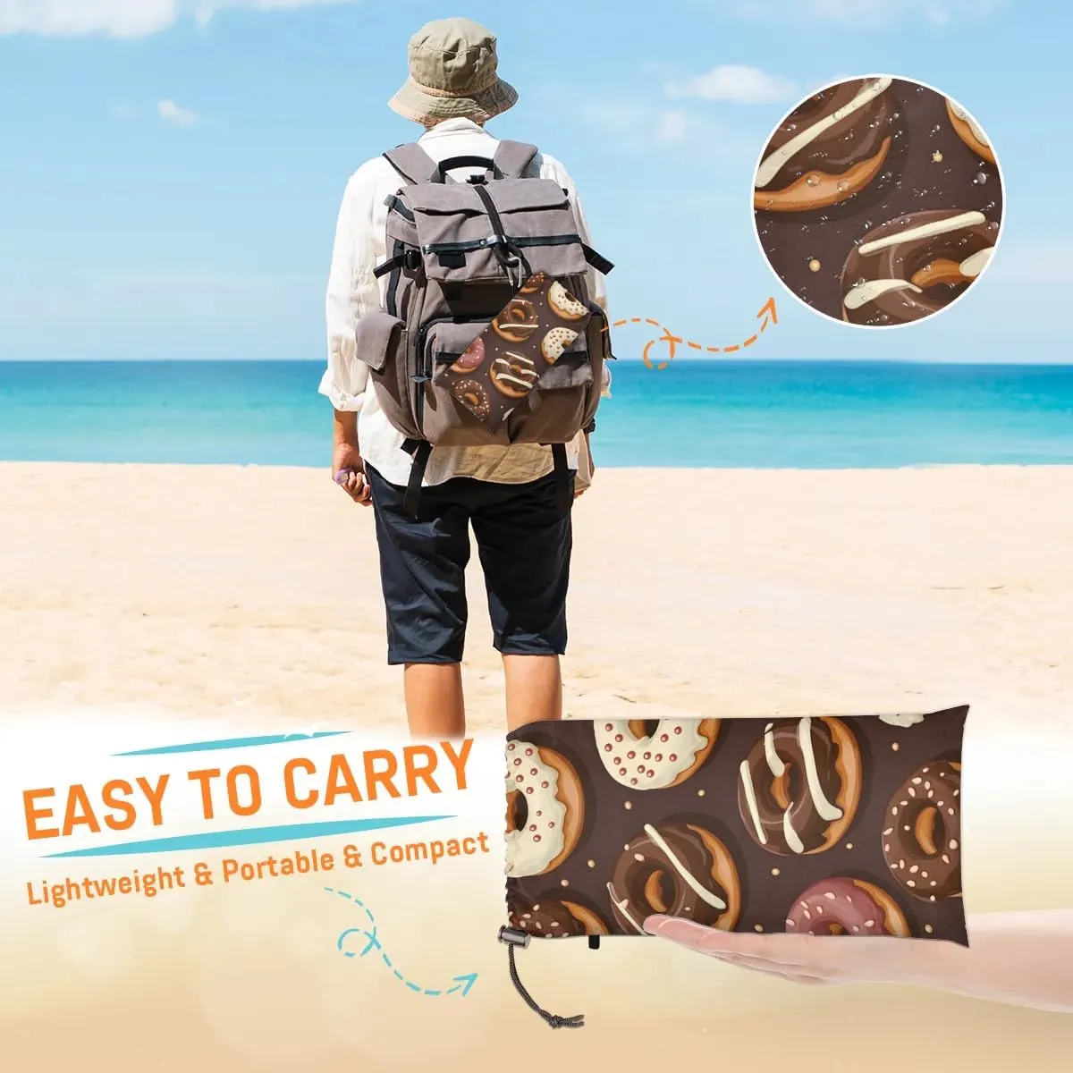 Beach Blanket, Donuts Sandproof Beach Mat, Waterproof Quick Drying Sand Free Mat with 4 x Ground Spikes for Outdoor Travel Camping Hiking, Delicious Donuts 68 x 59 in