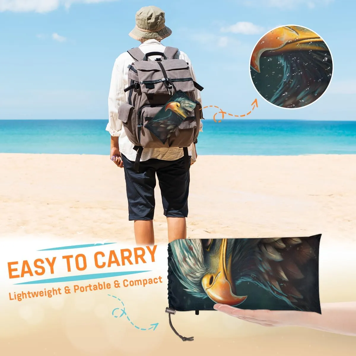 Beach Blanket, Eagles Bird Sandproof Beach Mat, Waterproof Quick Drying Sand Free Mat with 4 x Ground Spikes for Outdoor Travel Camping Hiking, Cool Animal Bird 68 x 59 in