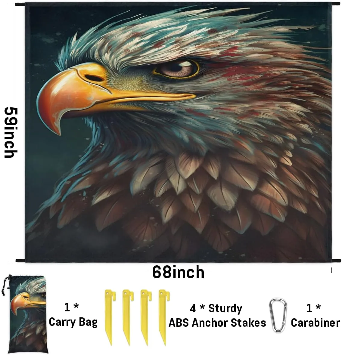 Beach Blanket, Eagles Bird Sandproof Beach Mat, Waterproof Quick Drying Sand Free Mat with 4 x Ground Spikes for Outdoor Travel Camping Hiking, Cool Animal Bird 68 x 59 in
