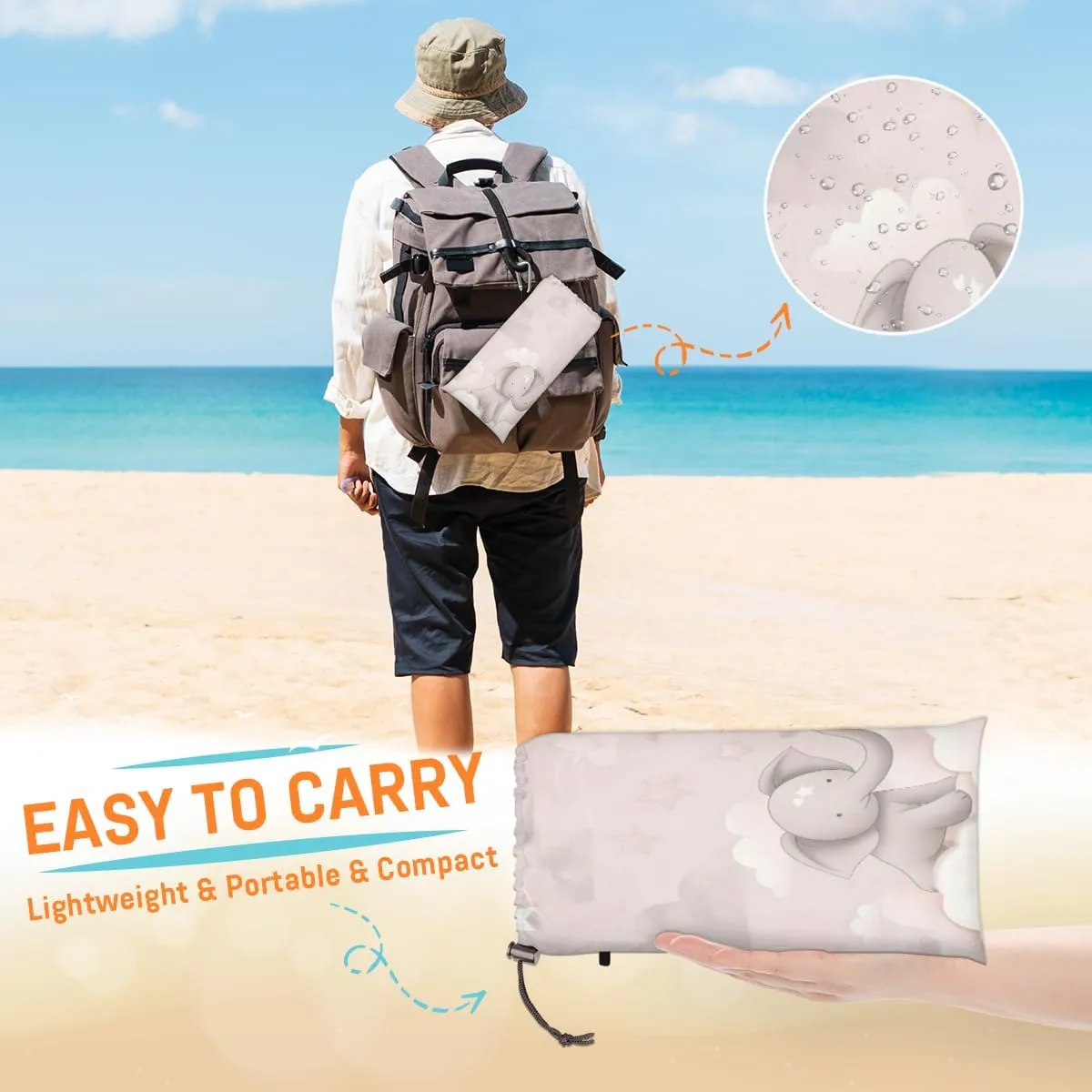 Beach Blanket, Elephant Sandproof Beach Mat, Waterproof Quick Drying Sand Free Mat with 4 x Ground Spikes for Outdoor Travel Camping Hiking, Elephant 68 x 59 in