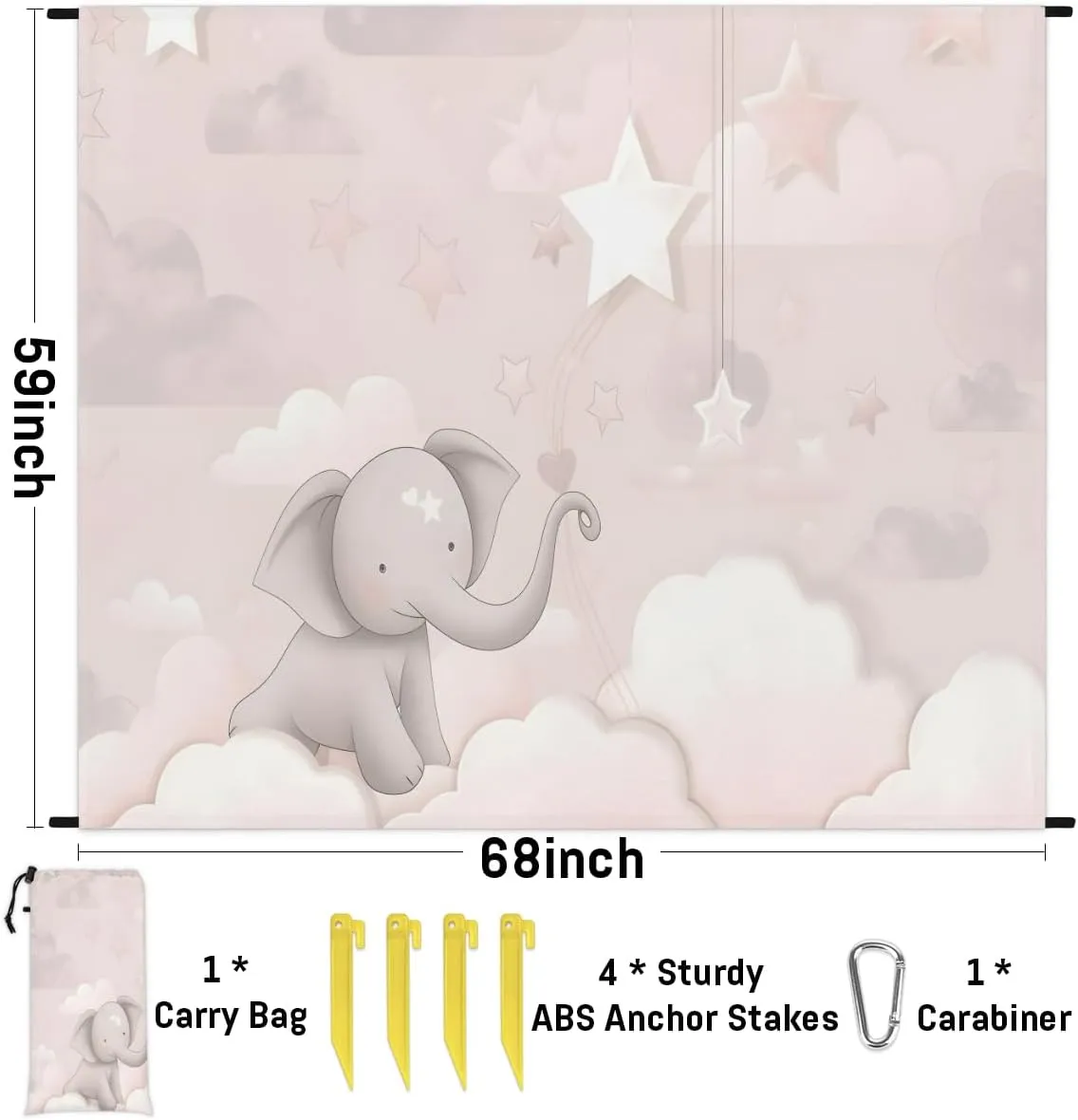 Beach Blanket, Elephant Sandproof Beach Mat, Waterproof Quick Drying Sand Free Mat with 4 x Ground Spikes for Outdoor Travel Camping Hiking, Elephant 68 x 59 in