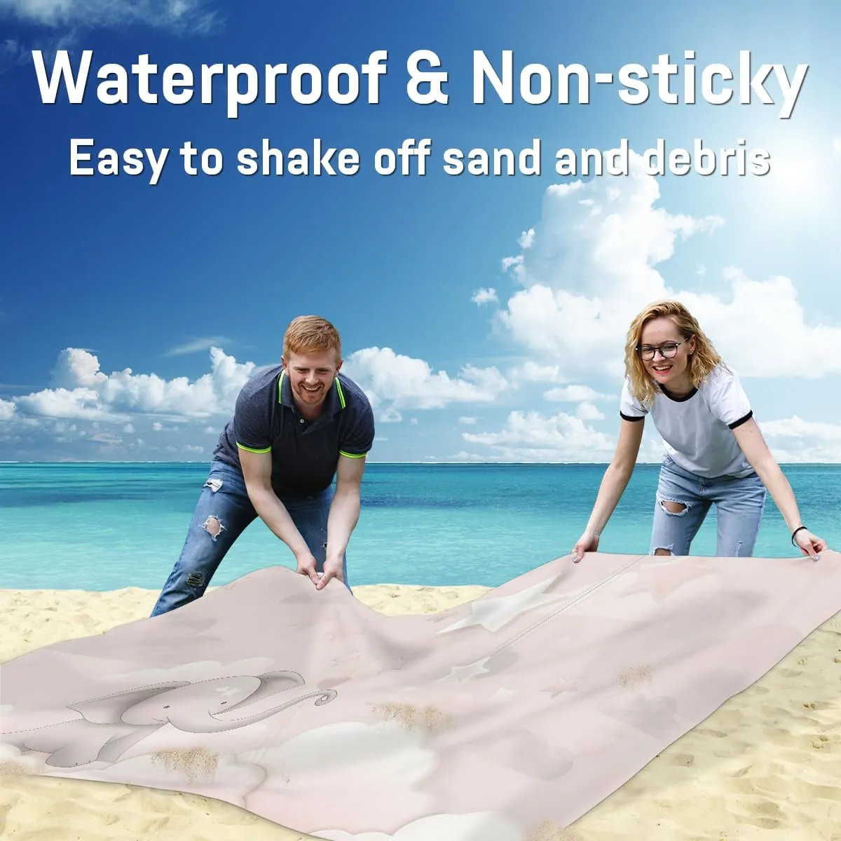 Beach Blanket, Elephant Sandproof Beach Mat, Waterproof Quick Drying Sand Free Mat with 4 x Ground Spikes for Outdoor Travel Camping Hiking, Elephant 68 x 59 in