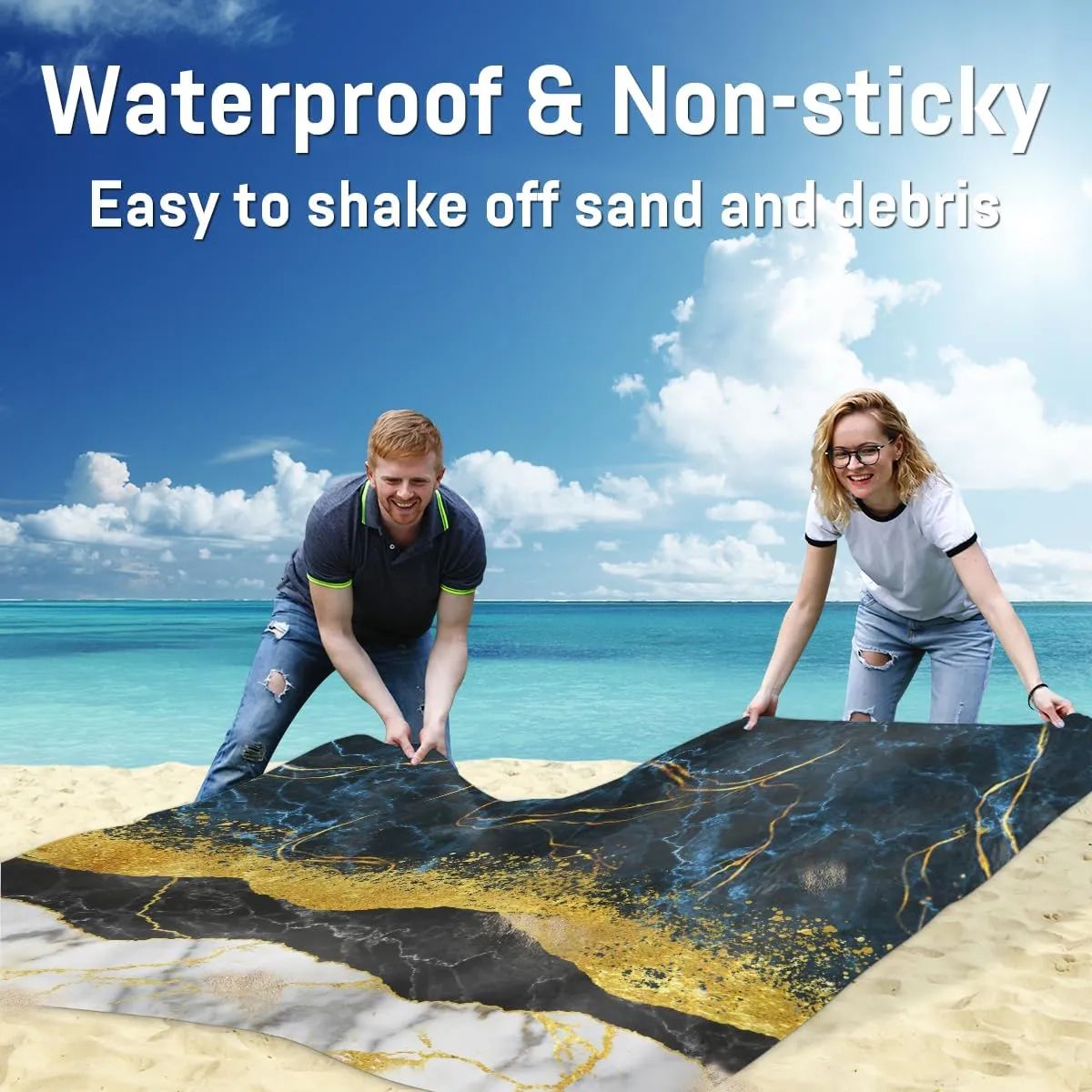 Beach Blanket, Fashion Marble Sandproof Beach Mat, Waterproof Quick Drying Sand Free Mat with 4 x Ground Spikes for Outdoor Travel Camping Hiking, Marble 68 x 59 in