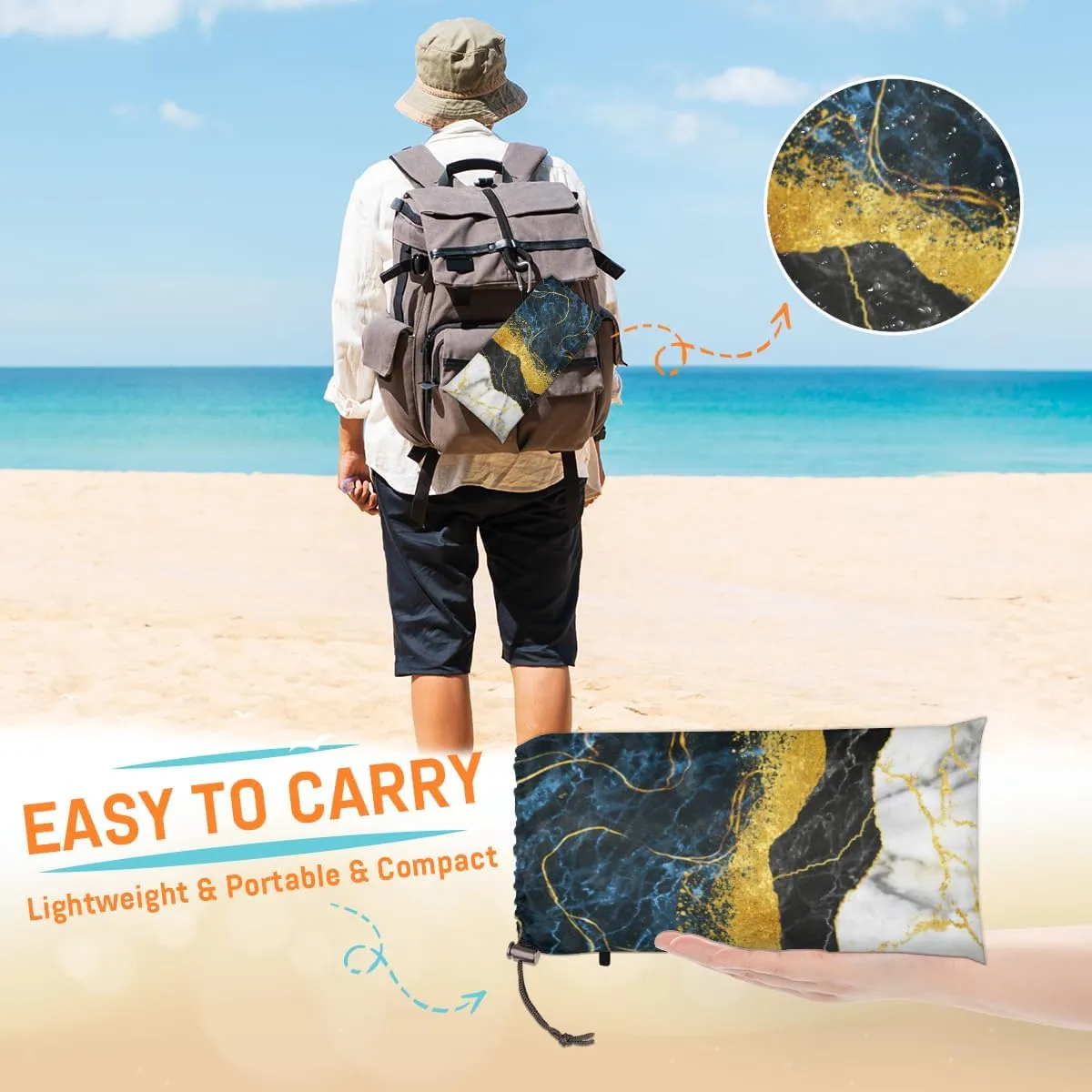 Beach Blanket, Fashion Marble Sandproof Beach Mat, Waterproof Quick Drying Sand Free Mat with 4 x Ground Spikes for Outdoor Travel Camping Hiking, Marble 68 x 59 in