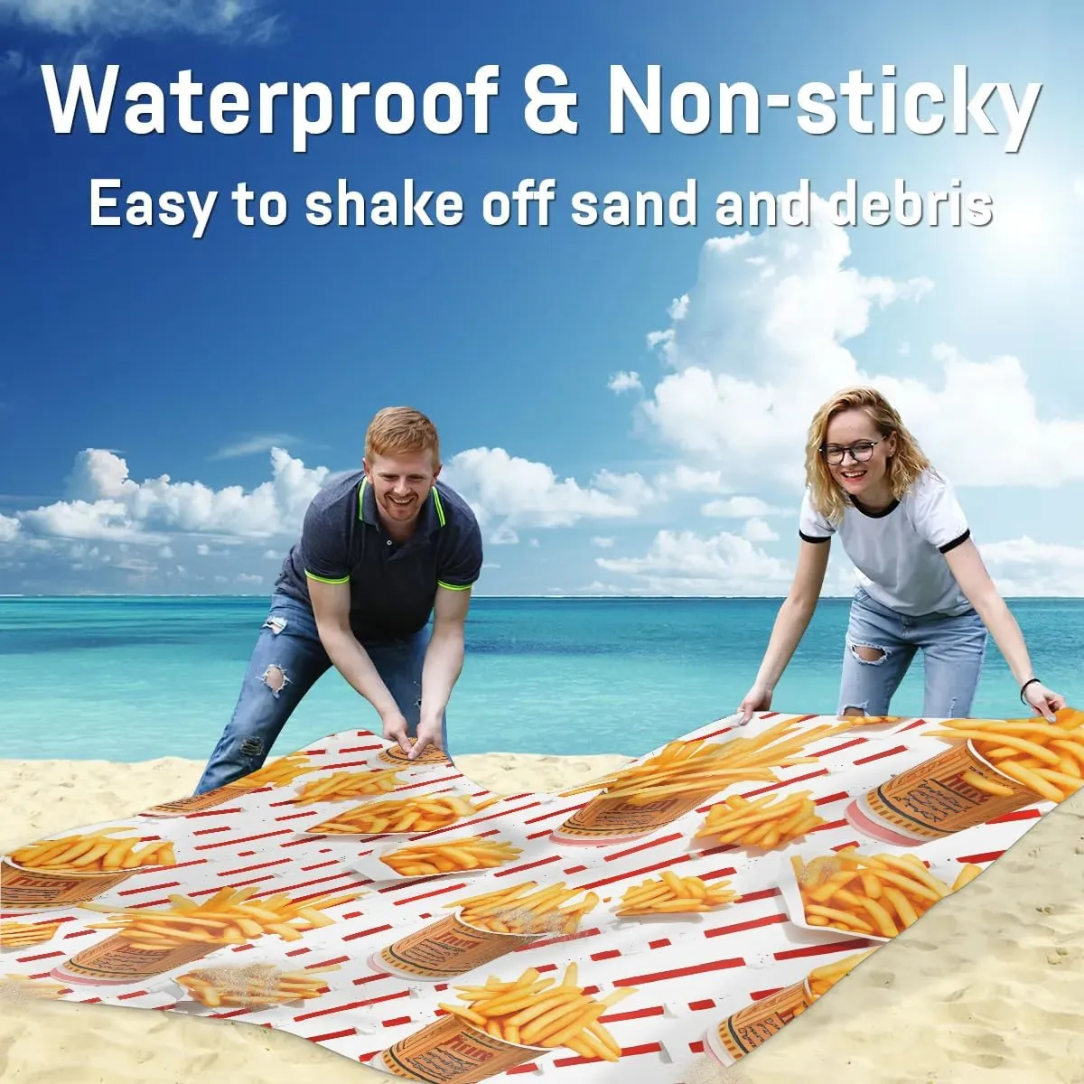 Beach Blanket, French Fries Sandproof Beach Mat, Waterproof Quick Drying Sand Free Mat with 4 x Ground Spikes for Outdoor Travel Camping Hiking, Fries 68 x 59 in