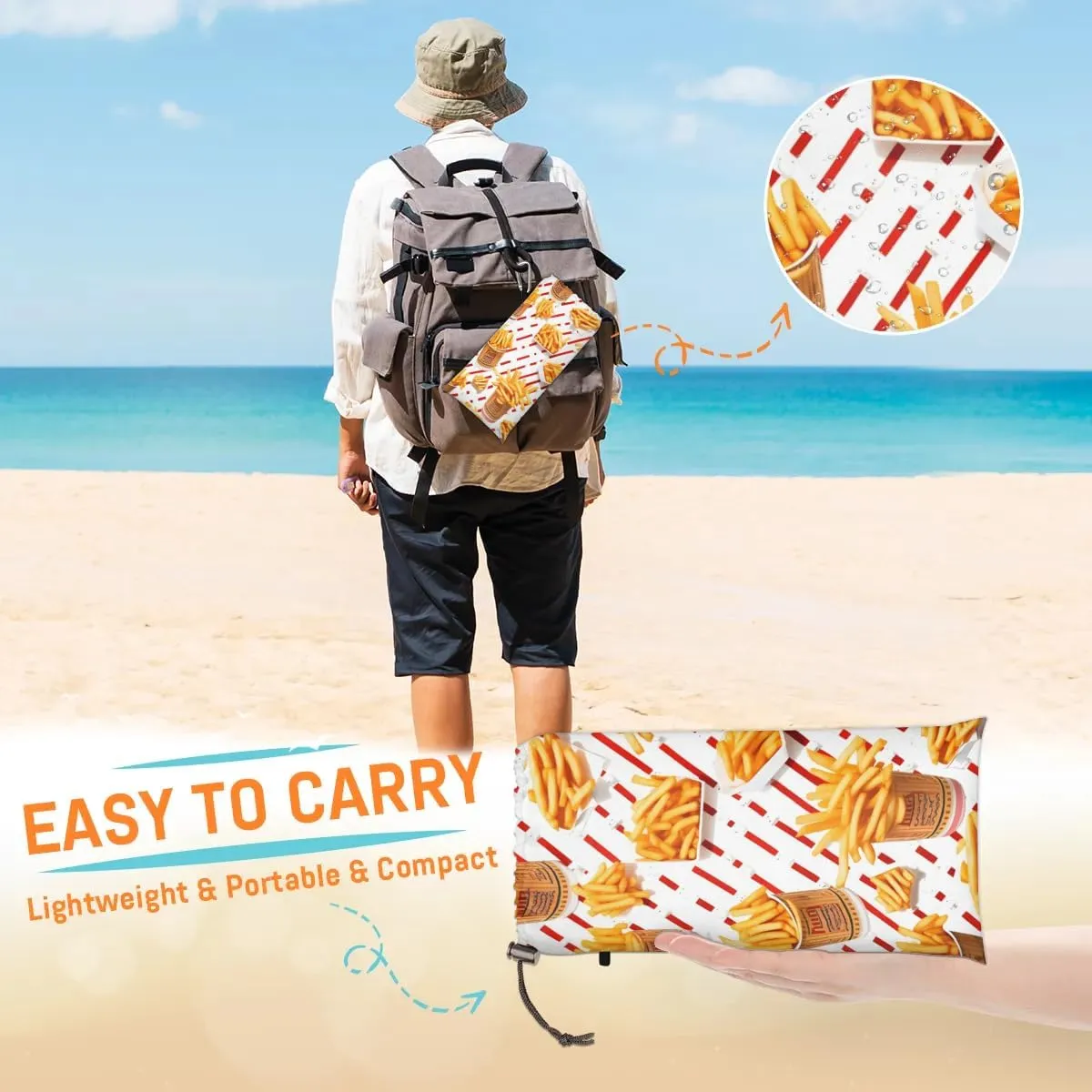 Beach Blanket, French Fries Sandproof Beach Mat, Waterproof Quick Drying Sand Free Mat with 4 x Ground Spikes for Outdoor Travel Camping Hiking, Fries 68 x 59 in