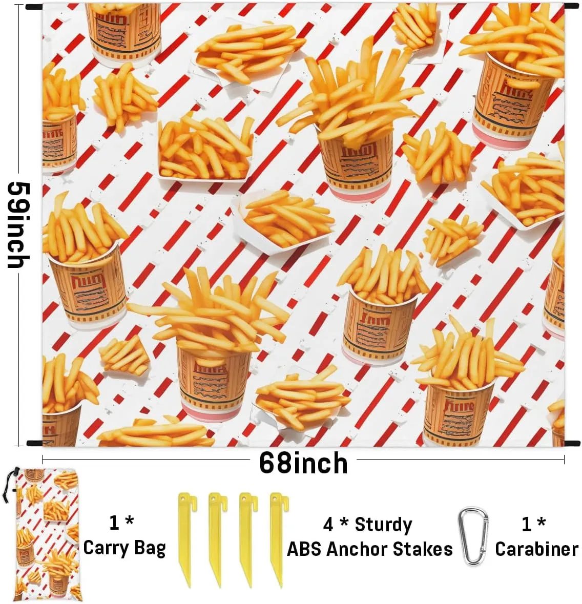 Beach Blanket, French Fries Sandproof Beach Mat, Waterproof Quick Drying Sand Free Mat with 4 x Ground Spikes for Outdoor Travel Camping Hiking, Fries 68 x 59 in
