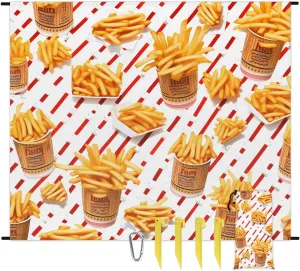 Beach Blanket, French Fries Sandproof Beach Mat, Waterproof Quick Drying Sand Free Mat with 4 x Ground Spikes for Outdoor Travel Camping Hiking, Fries 68 x 59 in