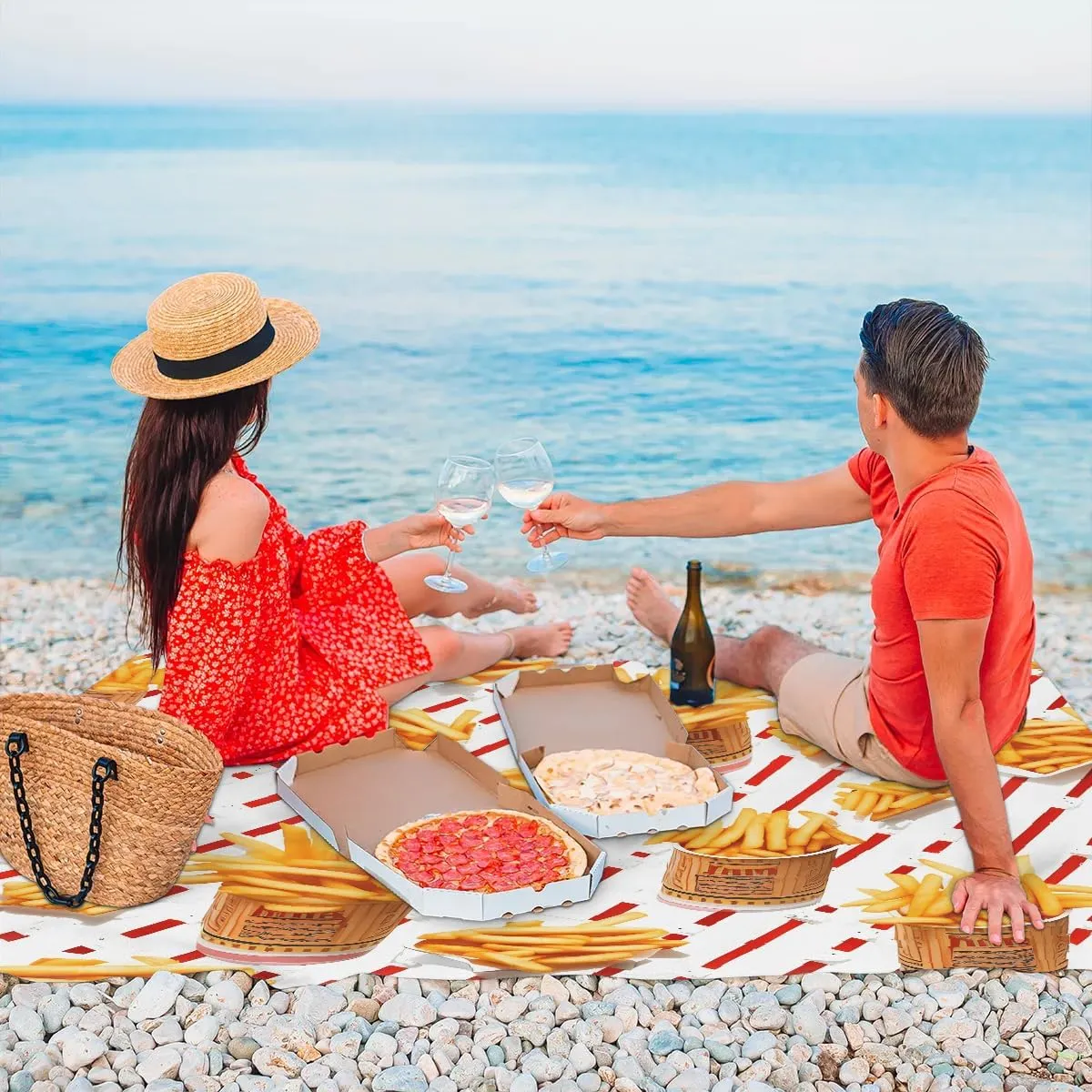 Beach Blanket, French Fries Sandproof Beach Mat, Waterproof Quick Drying Sand Free Mat with 4 x Ground Spikes for Outdoor Travel Camping Hiking, Fries 68 x 59 in