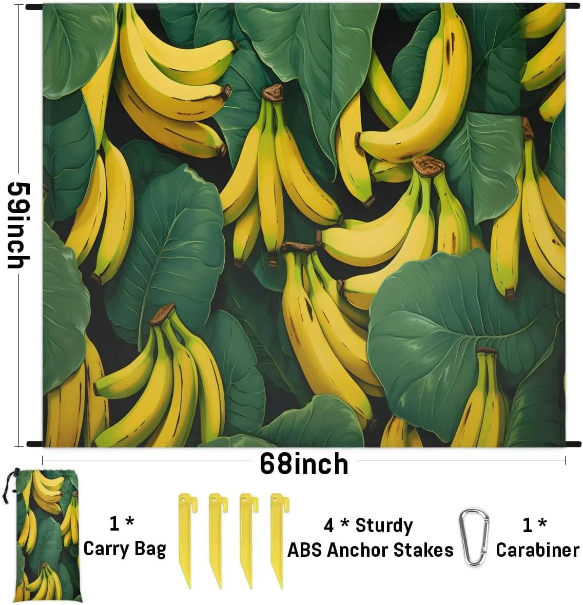 Beach Blanket, Fresh Banana Sandproof Beach Mat, Waterproof Quick Drying Sand Free Mat with 4 x Ground Spikes for Outdoor Travel Camping Hiking, Banana 68 x 59 in