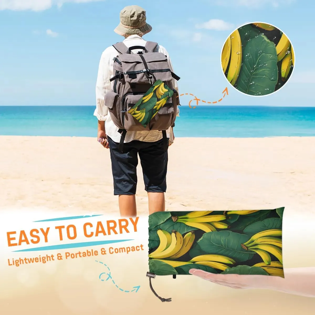 Beach Blanket, Fresh Banana Sandproof Beach Mat, Waterproof Quick Drying Sand Free Mat with 4 x Ground Spikes for Outdoor Travel Camping Hiking, Banana 68 x 59 in