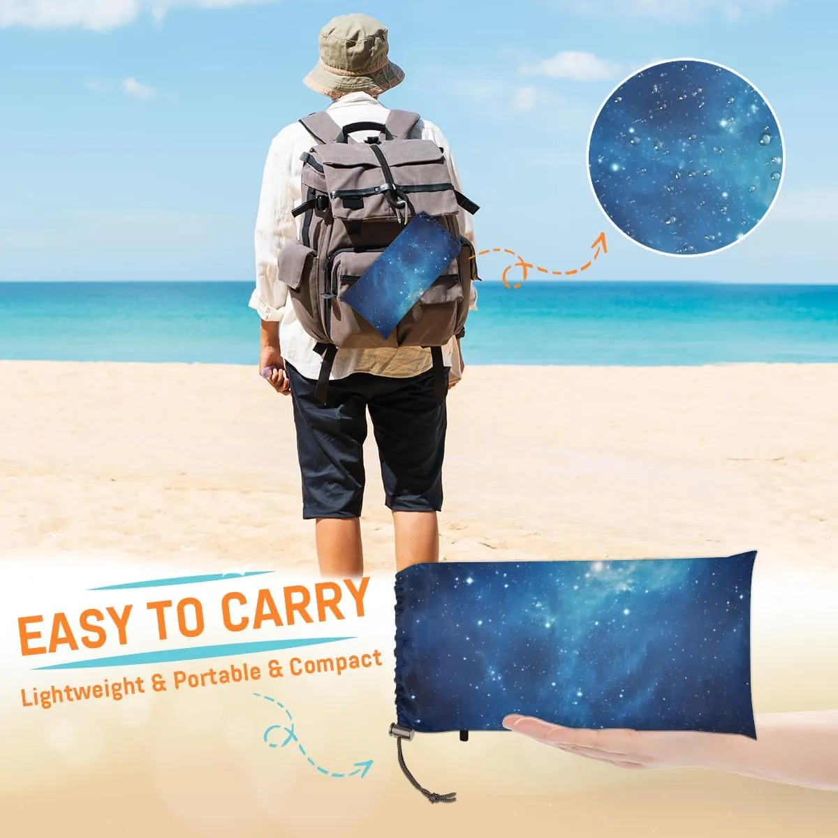 Beach Blanket, Galaxy Sandproof Beach Mat, Waterproof Quick Drying Sand Free Mat with 4 x Ground Spikes for Outdoor Travel Camping Hiking, Starry Sky 68 x 59 in