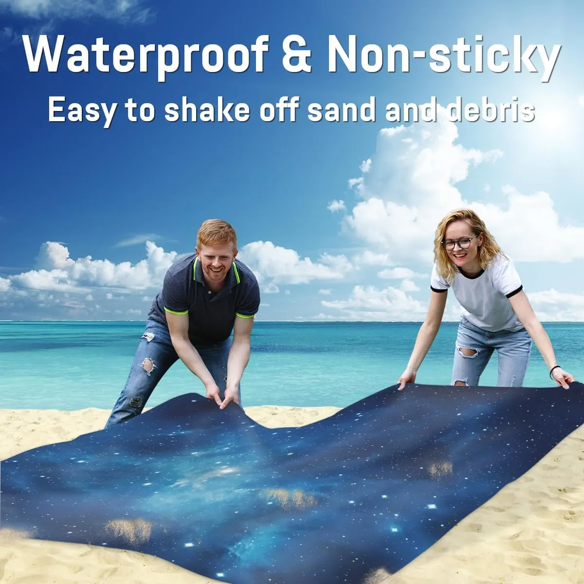 Beach Blanket, Galaxy Sandproof Beach Mat, Waterproof Quick Drying Sand Free Mat with 4 x Ground Spikes for Outdoor Travel Camping Hiking, Starry Sky 68 x 59 in