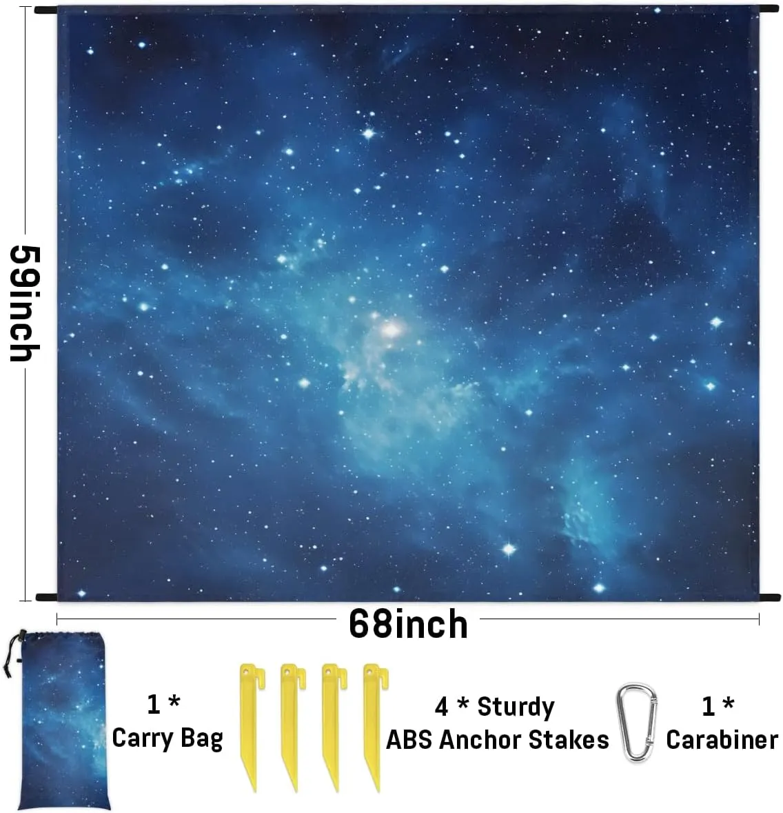 Beach Blanket, Galaxy Sandproof Beach Mat, Waterproof Quick Drying Sand Free Mat with 4 x Ground Spikes for Outdoor Travel Camping Hiking, Starry Sky 68 x 59 in
