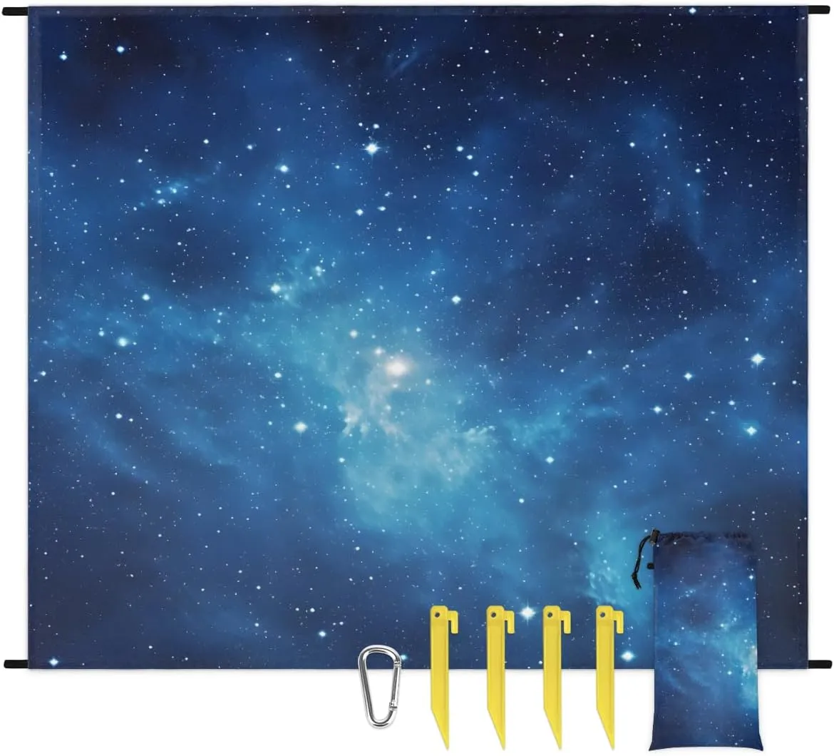 Beach Blanket, Galaxy Sandproof Beach Mat, Waterproof Quick Drying Sand Free Mat with 4 x Ground Spikes for Outdoor Travel Camping Hiking, Starry Sky 68 x 59 in