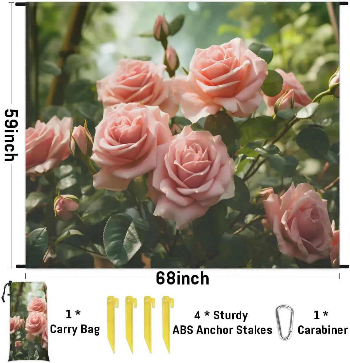 Beach Blanket, Garden Potted Rose Sandproof Beach Mat, Waterproof Quick Drying Sand Free Mat with 4 x Ground Spikes for Outdoor Travel Camping Hiking, Floral Flower 68 x 59 in