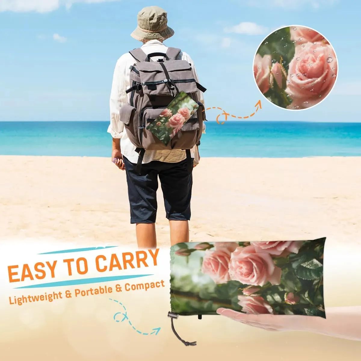 Beach Blanket, Garden Potted Rose Sandproof Beach Mat, Waterproof Quick Drying Sand Free Mat with 4 x Ground Spikes for Outdoor Travel Camping Hiking, Floral Flower 68 x 59 in