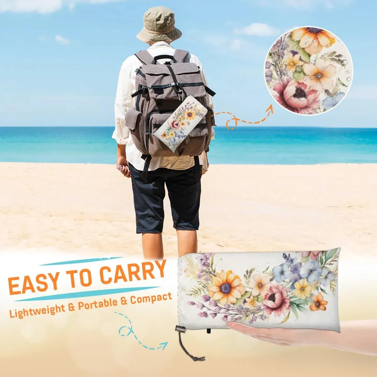 Beach Blanket, Garland Pastel Tones Sandproof Beach Mat, Waterproof Quick Drying Sand Free Mat with 4 x Ground Spikes for Outdoor Travel Camping Hiking, Flower Garland 68 x 59 in